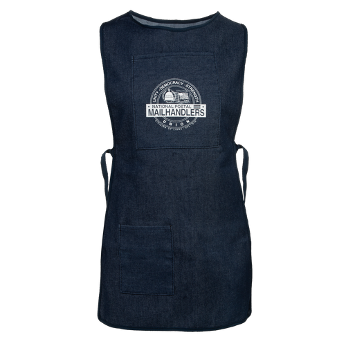Dark blue denim apron with the Mailhandlers logo and front pocket, sleeveless over-shoulder style.