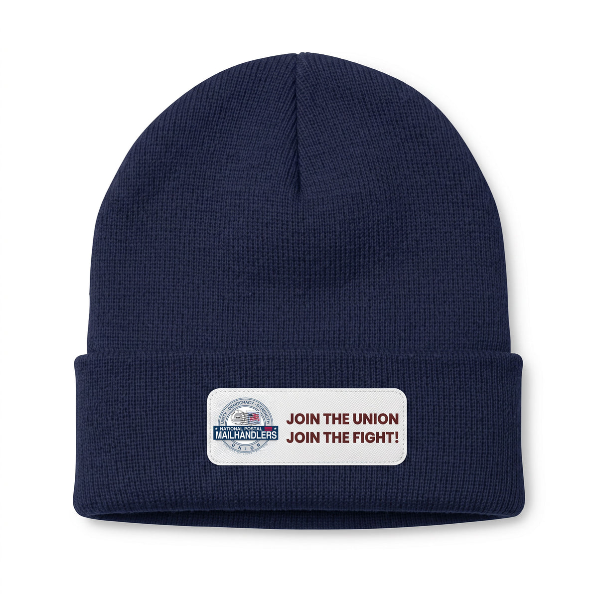 Navy knit beanie with a folded cuff and small white union logo patch on the front.