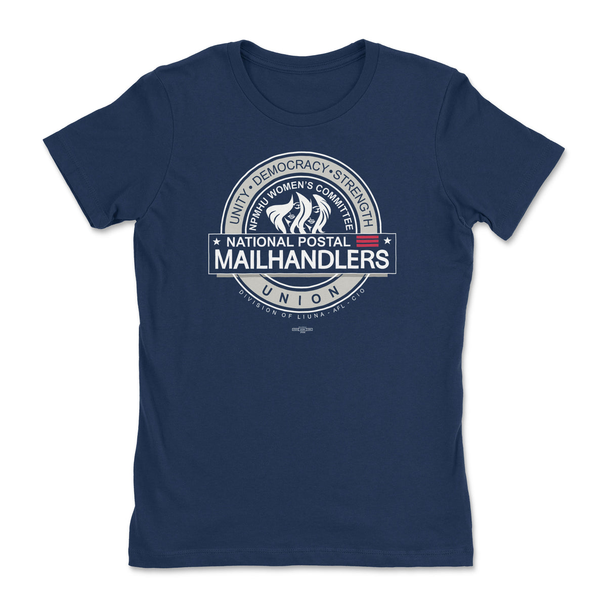 Navy blue women’s T-shirt with a white circular National Postal Mail Handlers Union graphic on the chest.