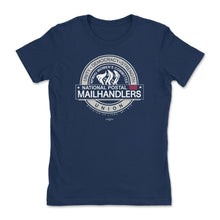 Load image into Gallery viewer, Navy blue women’s T-shirt with a white circular National Postal Mail Handlers Union graphic on the chest.