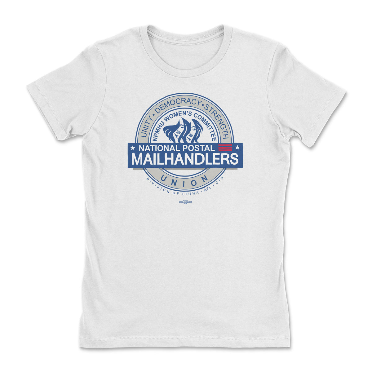 White women's T-shirt with a blue National Postal Mail Handlers Union emblem on the chest.