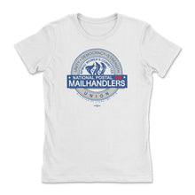 Load image into Gallery viewer, White women's T-shirt with a blue National Postal Mail Handlers Union emblem on the chest.