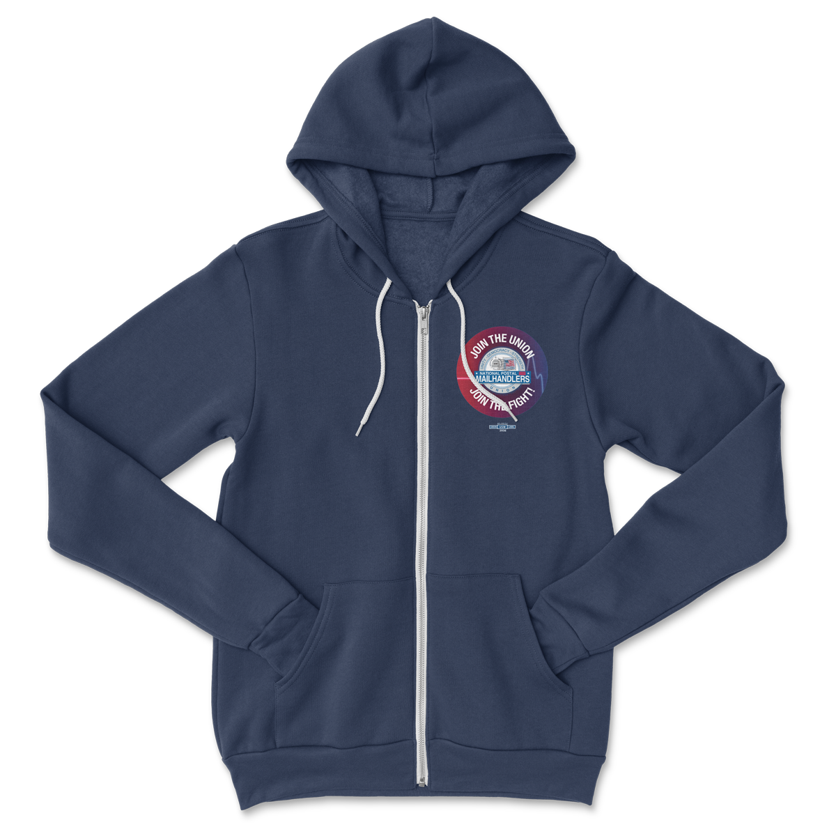 Navy blue zip-up hoodie with white drawstrings and circular "Join The Fight" graphic on chest.