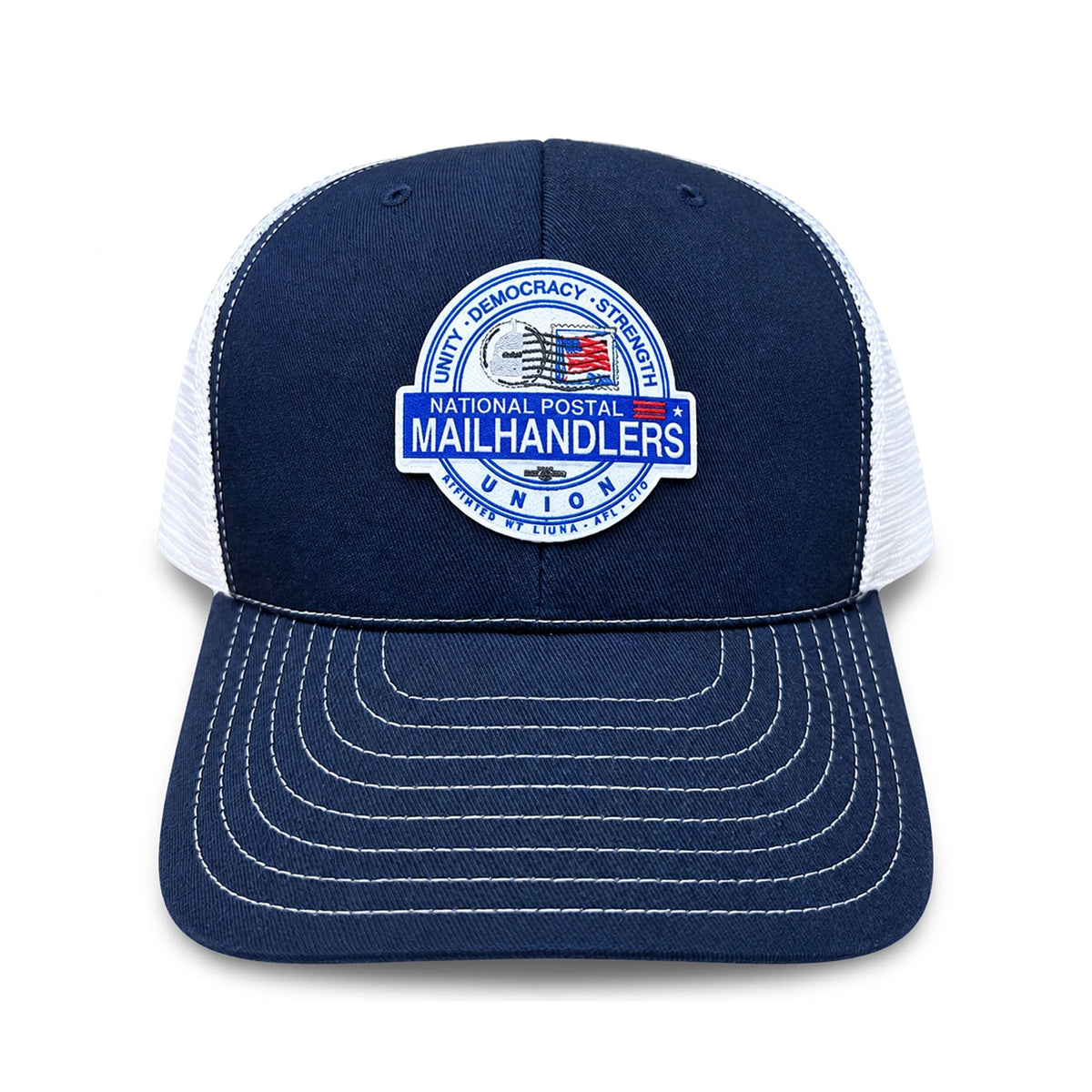 Navy blue trucker hat with white mesh sides, stitched brim, and a blue-and-white Mailhandlers union patch.