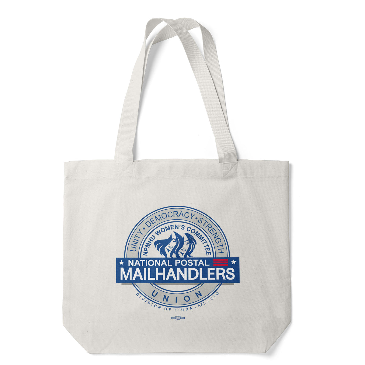 Natural canvas tote bag with long shoulder straps and a blue National Postal Mail Handlers Union emblem.