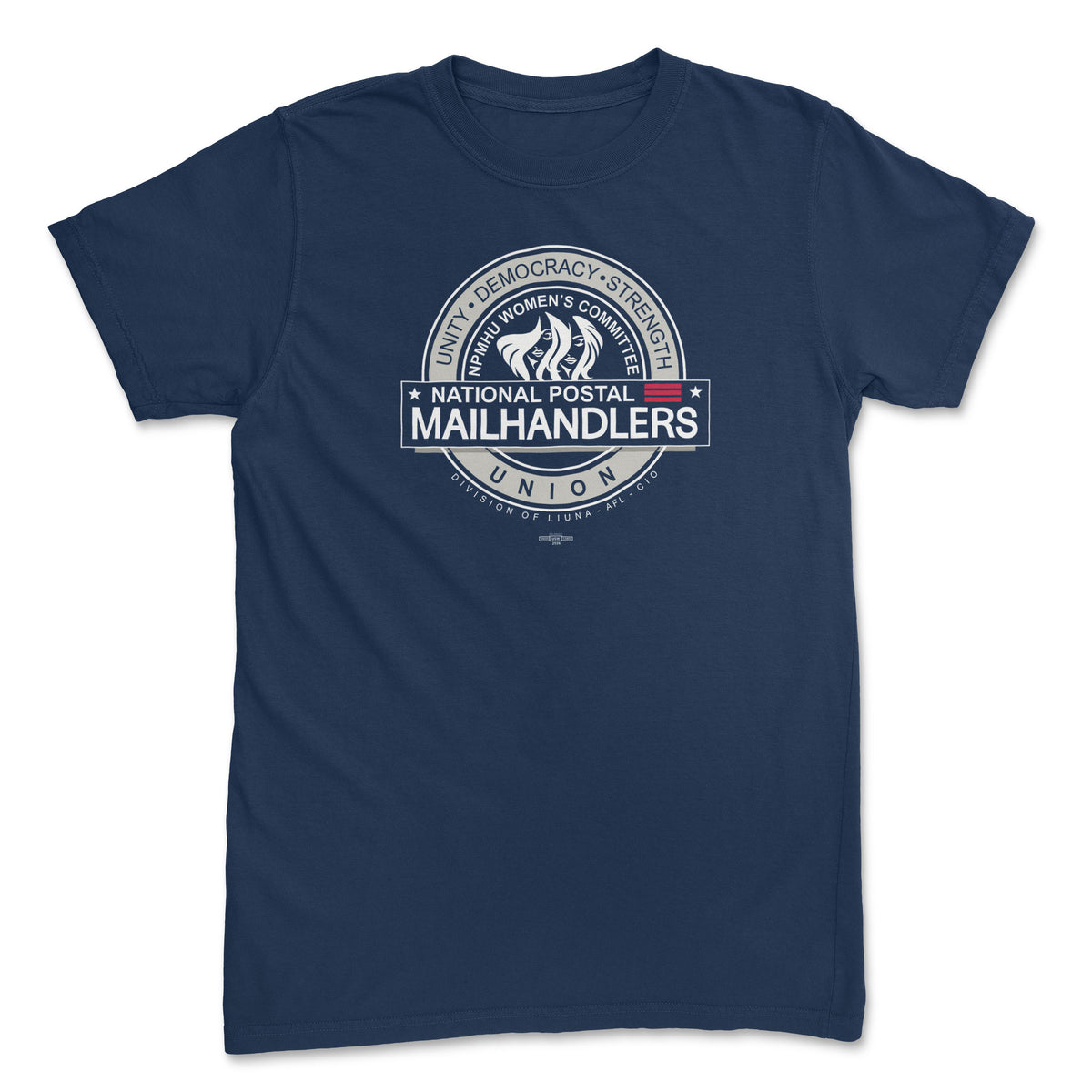 Navy blue women's crew-neck T-shirt with a white National Postal Mail Handlers Union emblem on the chest.