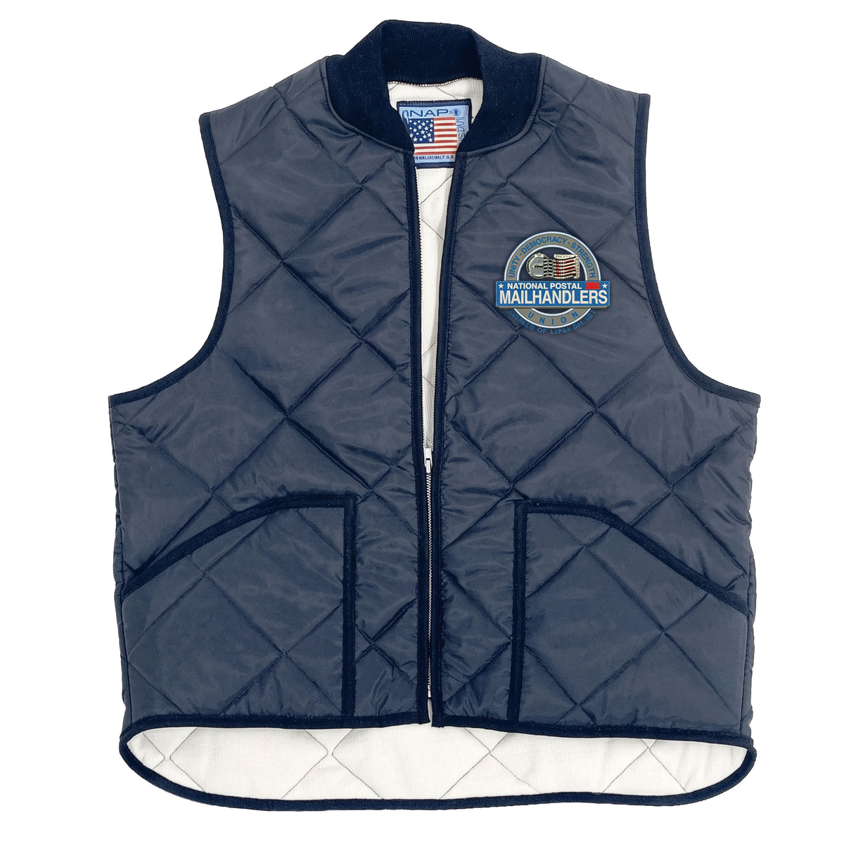 Navy quilted vest with stand collar, front zipper, two pockets, and embroidered circular chest logo.