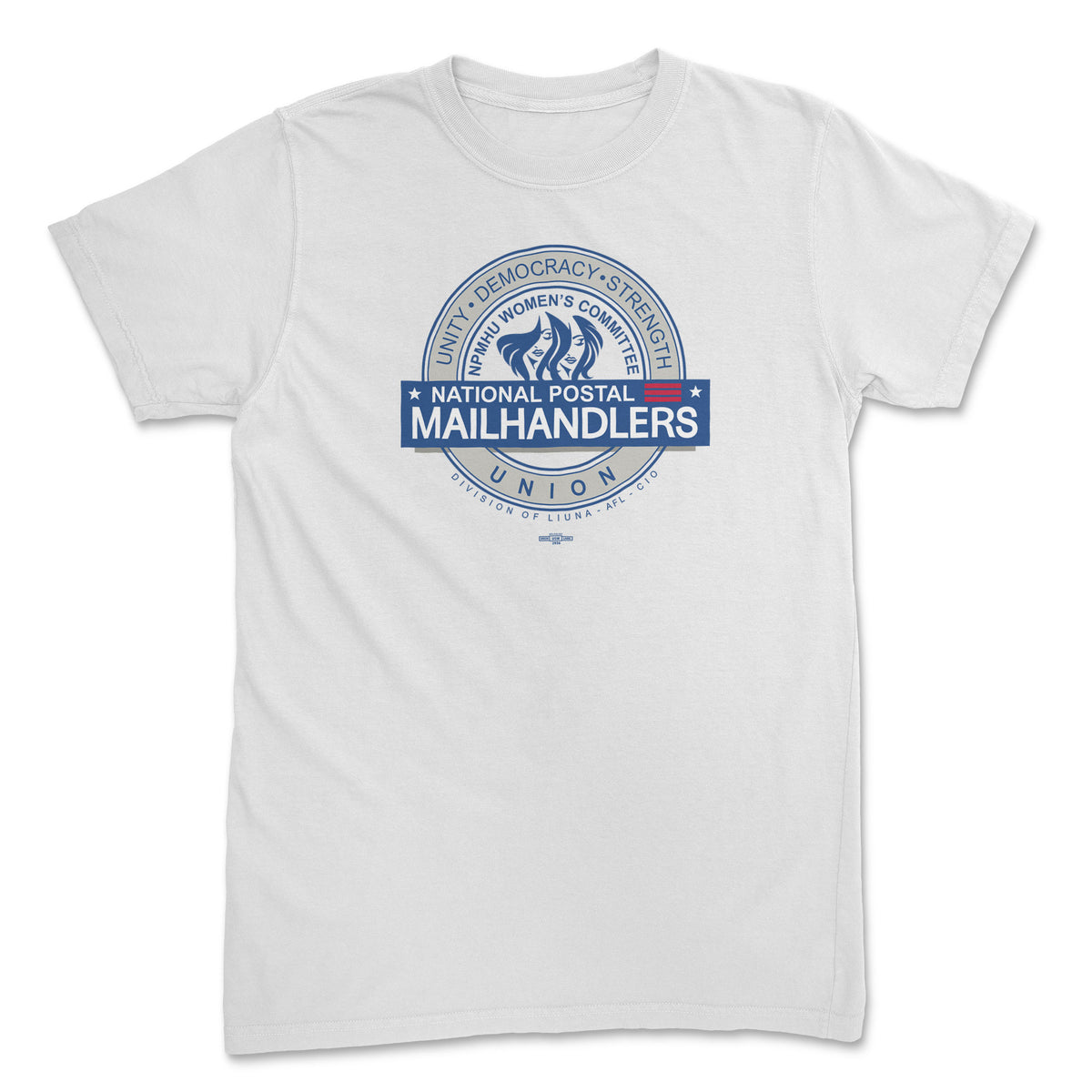 White short-sleeve T-shirt with a blue National Postal Mailhandlers Union emblem centered on the chest.