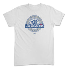 Load image into Gallery viewer, White short-sleeve T-shirt with a blue National Postal Mailhandlers Union emblem centered on the chest.