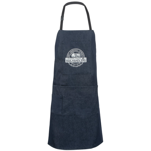 Dark blue denim apron with front pockets and adjustable neck strap, white logo on chest.