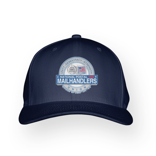 Navy blue cotton twill hat with embroidered circular National Postal Mailhandlers logo on front.