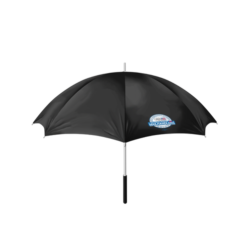 Black large golf umbrella with curved handle and small logo on one panel.
